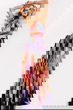 Halter pleated evening gown with multicolor abstract print