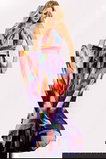 Flowing A-line gown with high slit and vibrant rainbow pattern