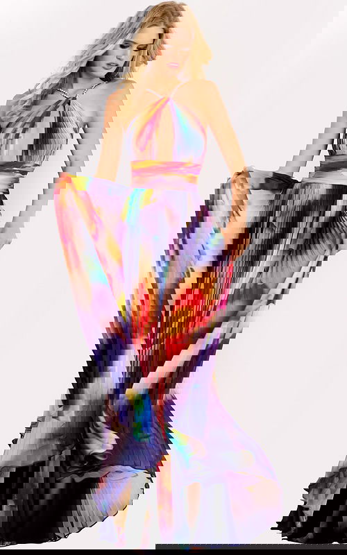 Flowing A-line gown with high slit and vibrant rainbow pattern