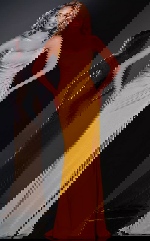 Model wearing Jovani 42765 yellow gown with straight neckline and high slit