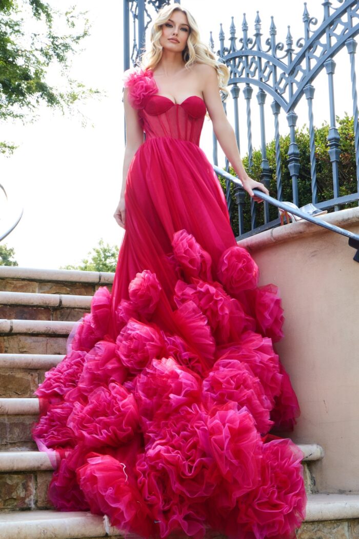 model wearing Jovani 42781 red gown with sweetheart neckline and floral details