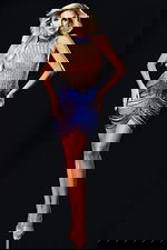 Blue and gold beaded short prom dress with fitted silhouette