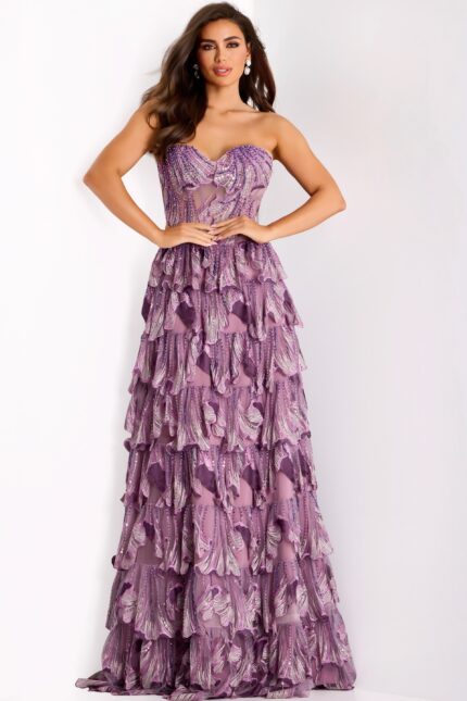 Strapless beaded gown with layered ruffle skirt and sweetheart neckline