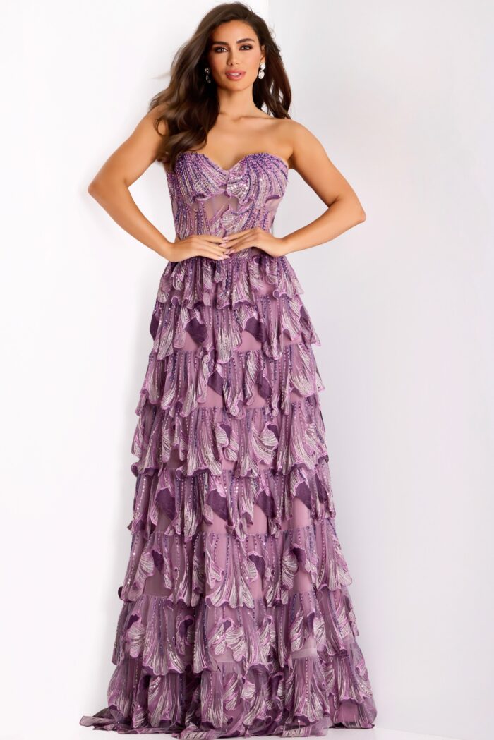 Strapless beaded gown with layered ruffle skirt and sweetheart neckline