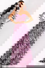 Strapless beaded gown with layered ruffle skirt and sweetheart neckline