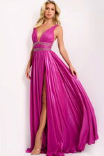 Metallic A-line gown with plunging neckline and side slit