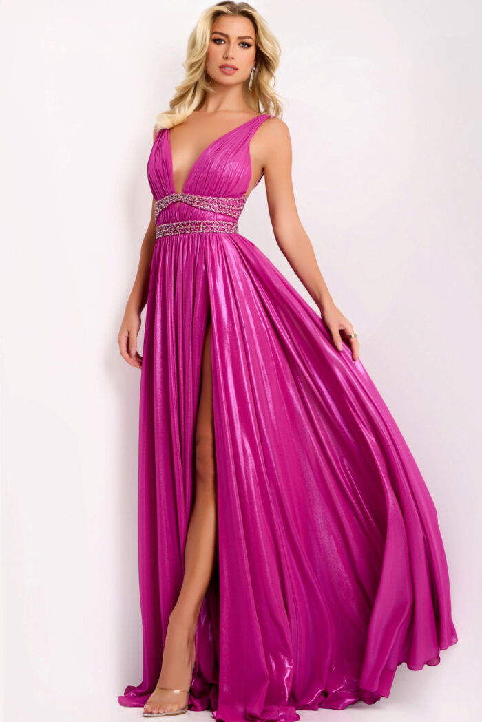 Metallic A-line gown with plunging neckline and side slit