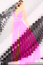 Metallic A-line gown with plunging neckline and side slit