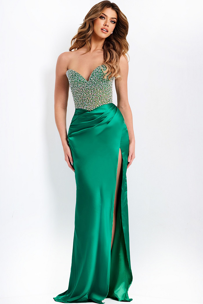 Strapless Long Sheath Chiffon Gown with Slit Emerald Plus Size main image 1
