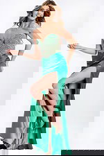 Beaded Bodice Satin Dress With Slit