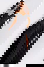 Floor-length A-line dress with high slit and pleated skirt