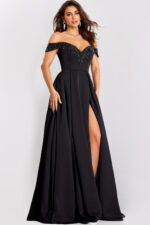 Black off-the-shoulder gown with sweetheart neckline and beaded trim