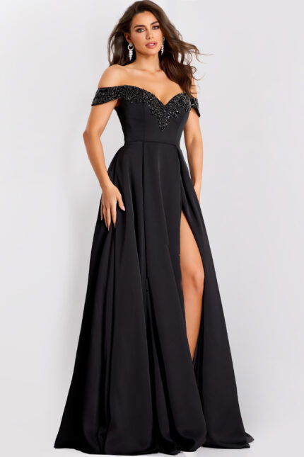 Black off-the-shoulder gown with sweetheart neckline and beaded trim