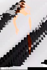 Black off-the-shoulder gown with sweetheart neckline and beaded trim