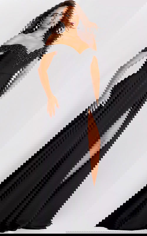 Black off-the-shoulder gown with sweetheart neckline and beaded trim