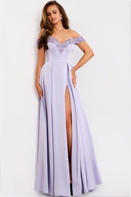 A-line lilac gown with sweetheart neckline and embroidered trim
