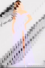 A-line lilac gown with sweetheart neckline and embroidered trim