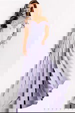 Off-the-shoulder floor-length dress with pleated skirt