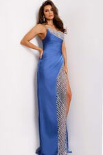 Fitted ruched evening dress with open back and embellished straps