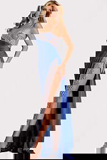 Floor-length gown with beaded cutouts and asymmetrical neckline