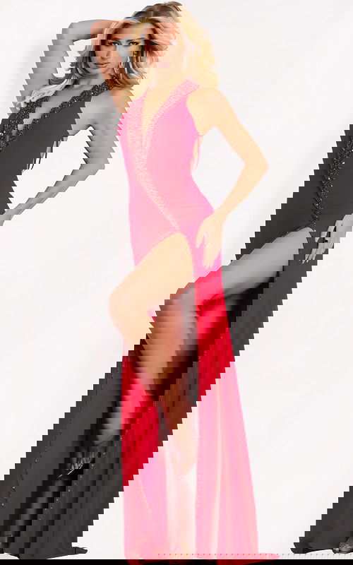 Red halter gown with plunging neckline and beaded trim