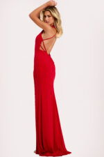 Strappy back evening gown with ruched detail and sequin accents