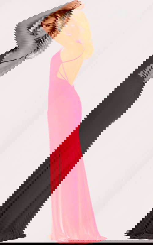 Strappy back evening gown with ruched detail and sequin accents