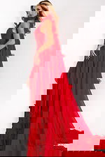 Sheer cape gown with high slit and 3D flower details