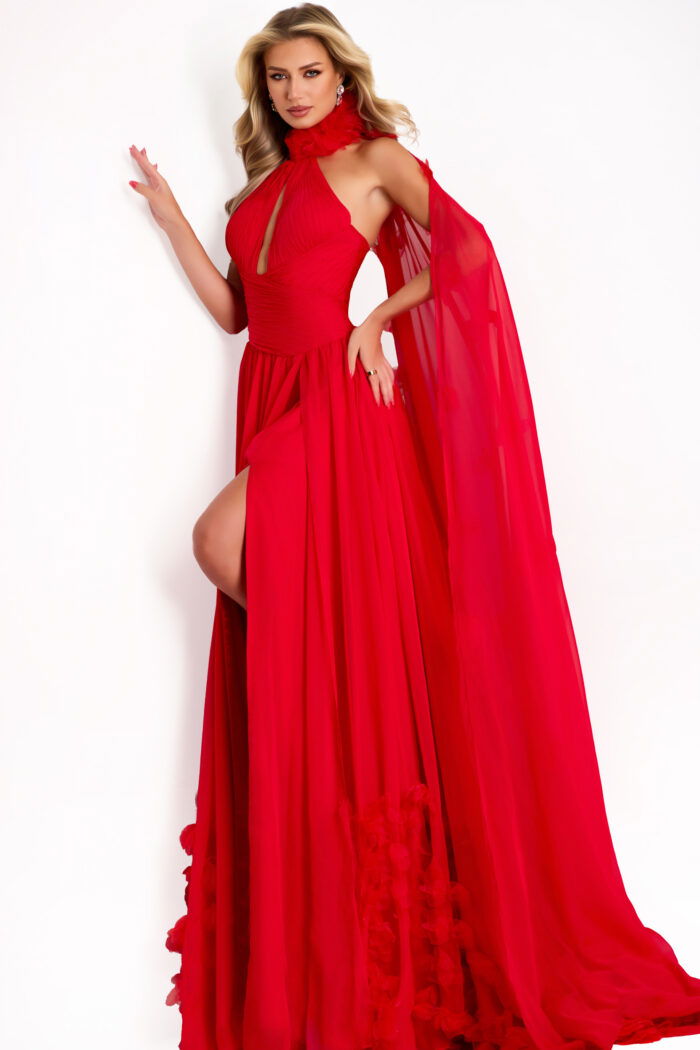 Red chiffon gown with halter neckline and floral cape