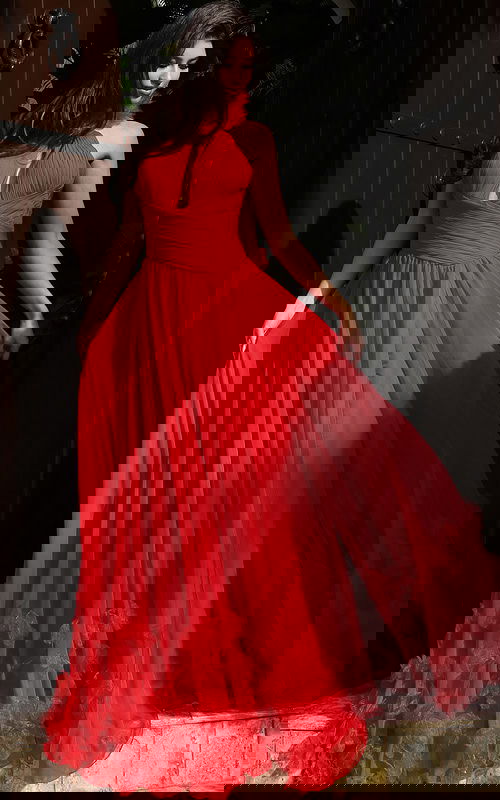 red halter neck flowy couture dress 42861