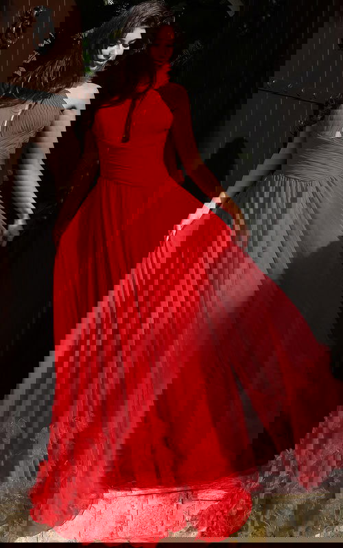 red halter neck flowy couture dress 42861