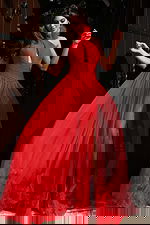 red halter neck a line dress with high slit 42861