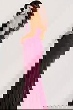 Floor-length burgundy dress with thigh-high slit and fitted silhouette