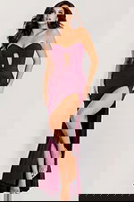 Elegant strapless gown featuring center cutout and ruched waist