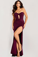 Elegant strapless gown featuring center cutout and ruched waist
