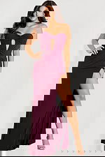 Strapless ruched gown with front knot and high slit