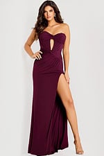 Strapless ruched gown with front knot and high slit