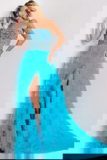 Embellished formal gown with strapless neckline and ruffled skirt