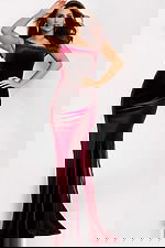 Burgundy velvet gown with one-shoulder neckline and beaded trim