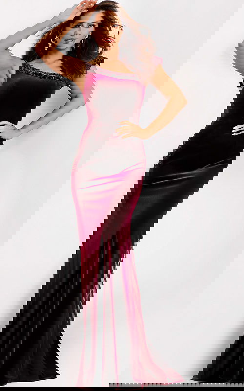 Burgundy velvet gown with one-shoulder neckline and beaded trim