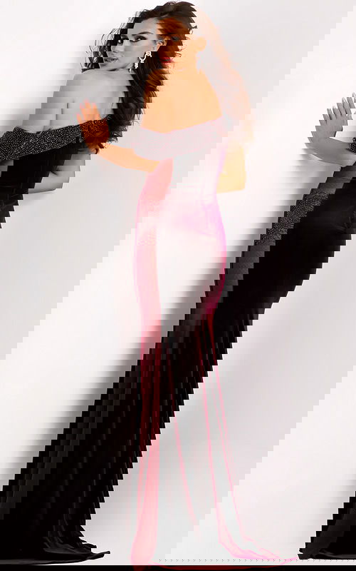 Velvet evening gown with off-shoulder drape and back zipper closure