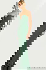 Strapless hunter green jersey gown with plunging neckline