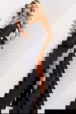 One shoulder black gown with crystal bow and high slit