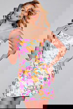 Model wearing Jovani 42996 with vibrant multicolored design from the front.