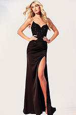 Elegant black evening dress featuring embellished bodice