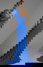 ack view of one shoulder gown with smooth fitted back and flared hem