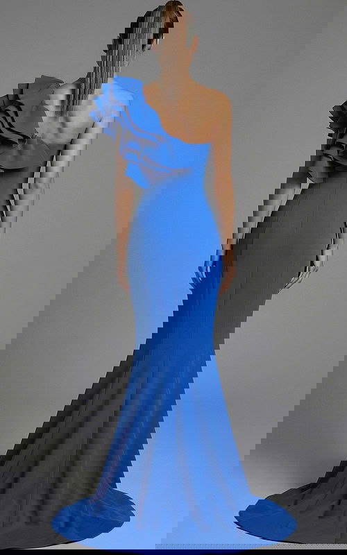 ack view of one shoulder gown with smooth fitted back and flared hem