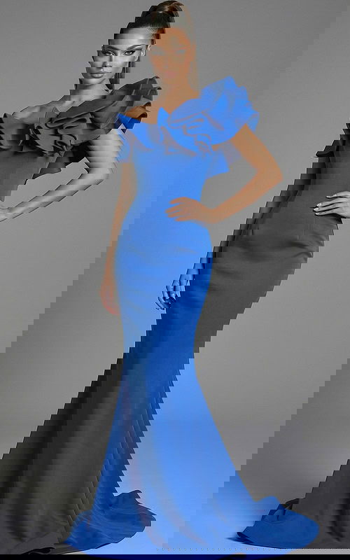 Front view of one shoulder fitted gown with sculpted ruffle neckline