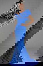 Front view of one shoulder fitted gown with sculpted ruffle neckline