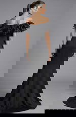 Back view of off shoulder gown with ruffled bodice and smooth flowing skirt